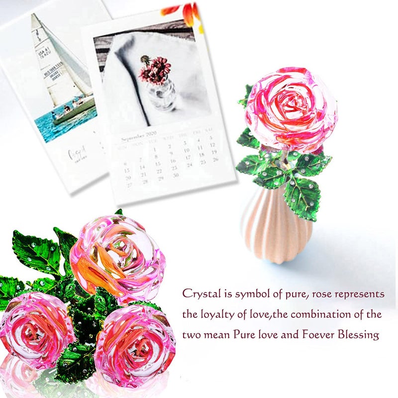 SWEETIME Pink Rose Birthday Gift for Women, K9 Glass Rose with Wish Card, Galaxy Rose Flower, Crystal Rose with Green Leaves, Unique Gift for Her on Thanksgiving, Christmas, Wedding,Valentine's Day. - Image 4